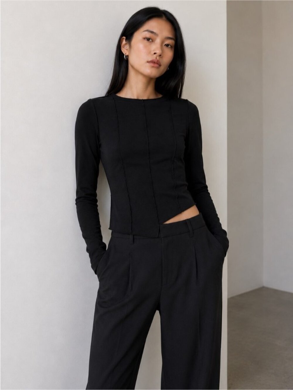 Oak + Fort Black Asymmetrical Long Sleeve Crop Top